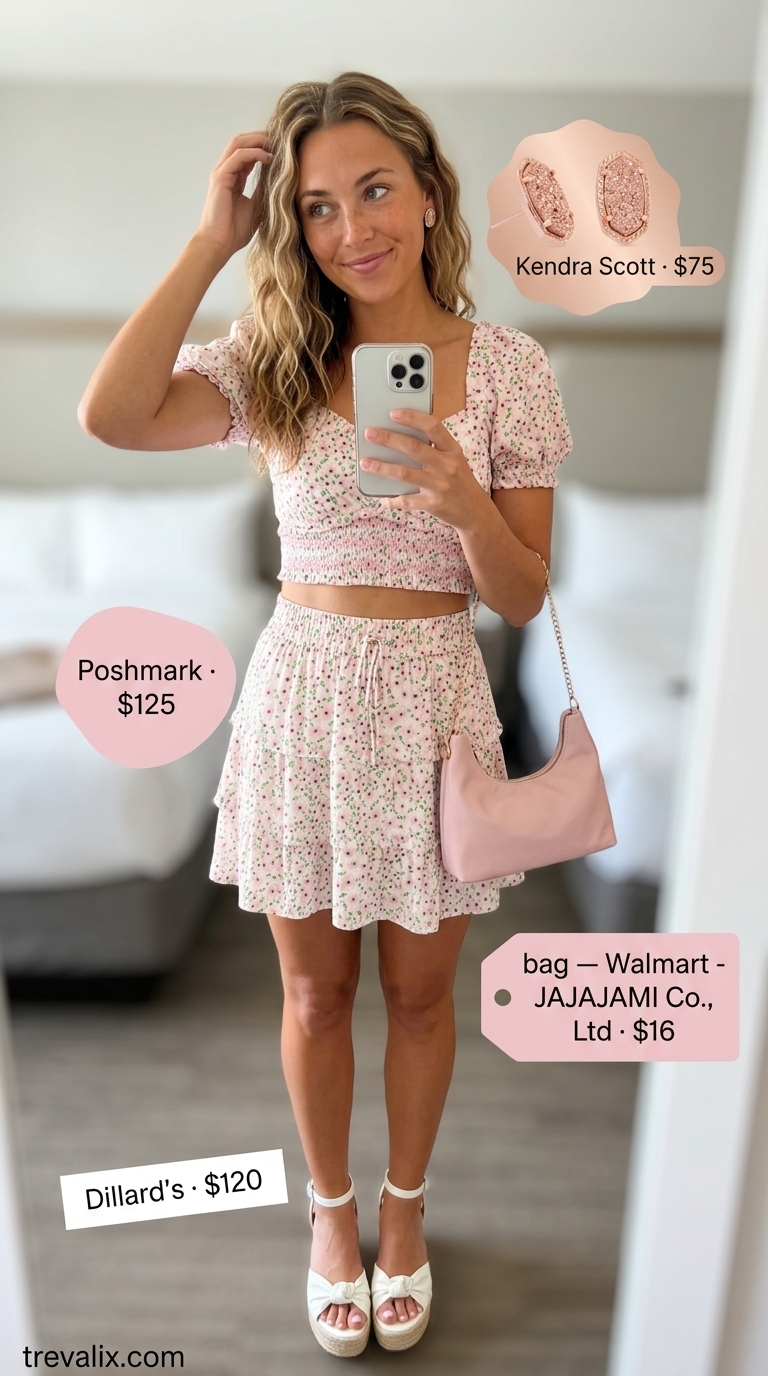 Charming Crochet Matching Set Outfits for Women 2026 Soft pink crochet matching set outfits for women 2026 for afternoon tea or summer bridal showers. Mini skirt and puff-sleeve top.