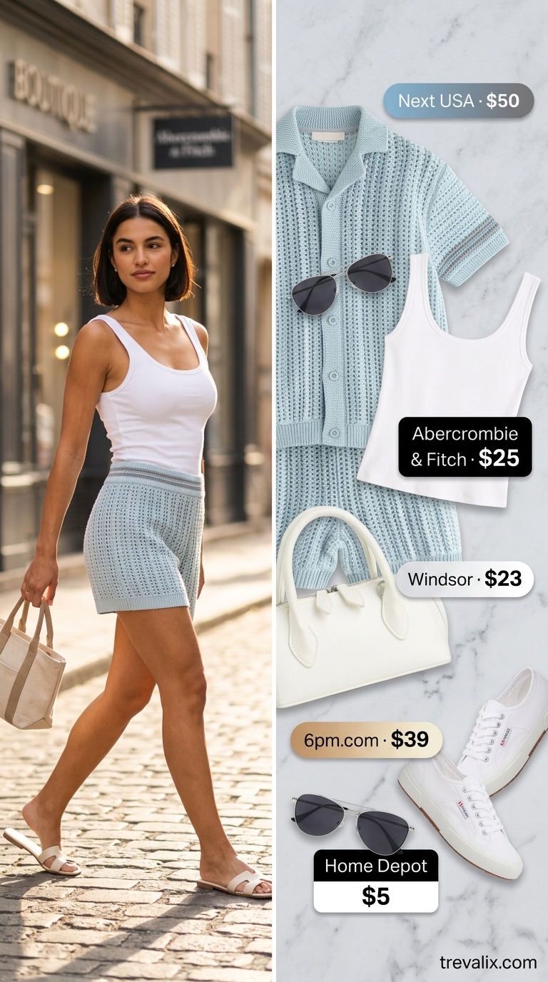 Coastal City Crochet Matching Set Outfits for Women 2026 Sky blue crochet matching set outfits for women 2026 for city sightseeing. Open-knit shorts and oversized button-up shirt.
