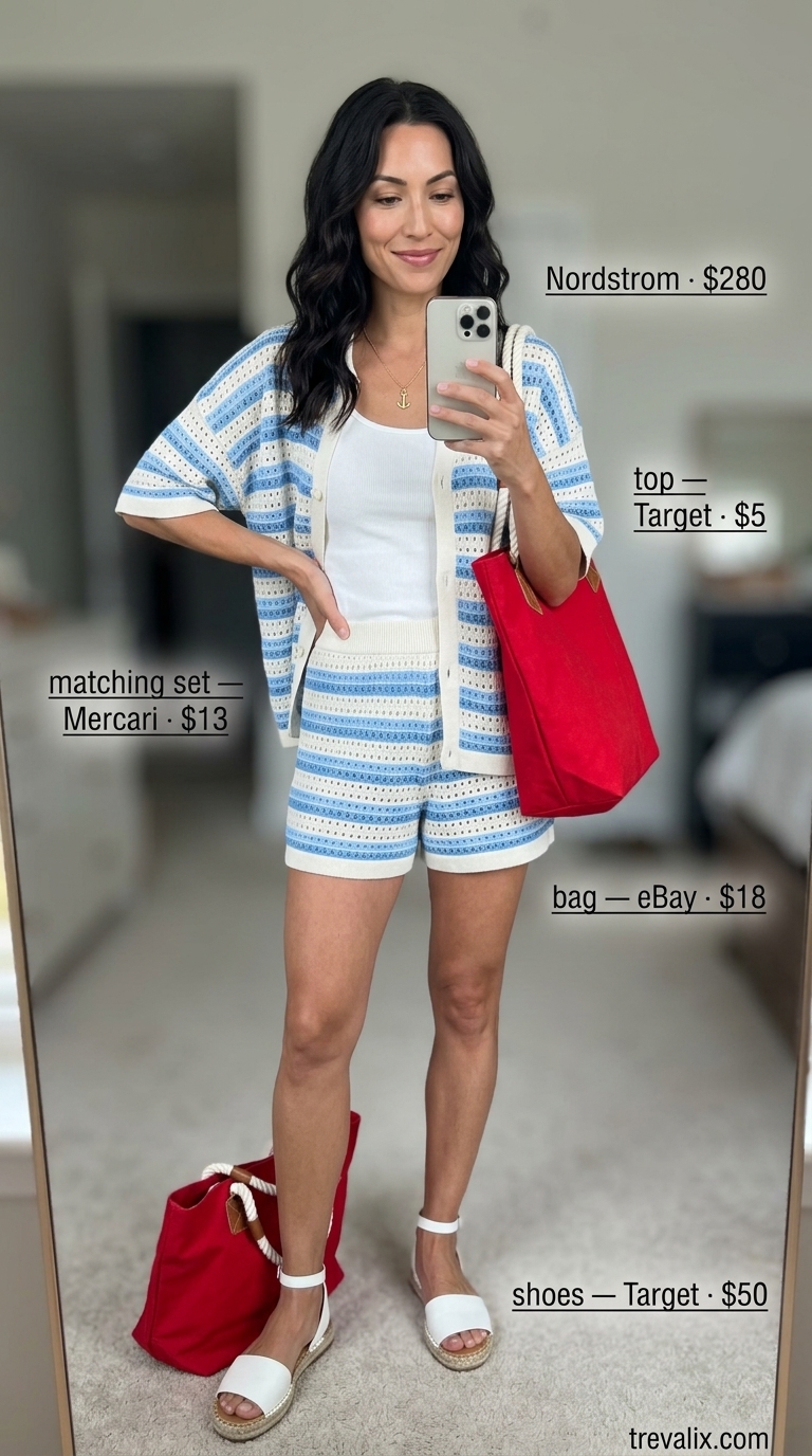 Nautical Crochet Matching Set Outfits for Women 2026 Navy and white striped crochet matching set outfits for women 2026 for lakeside lunches. Bermuda shorts and button-down shirt.