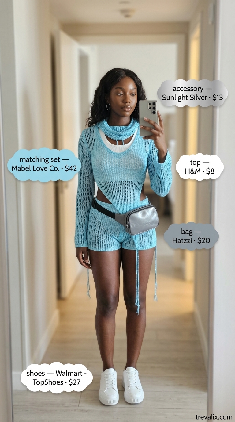 Sporty Chic Crochet Matching Set Outfits for Women 2026 Sky blue crochet matching set for women, offering sporty chic for casual days and travel in 2026.