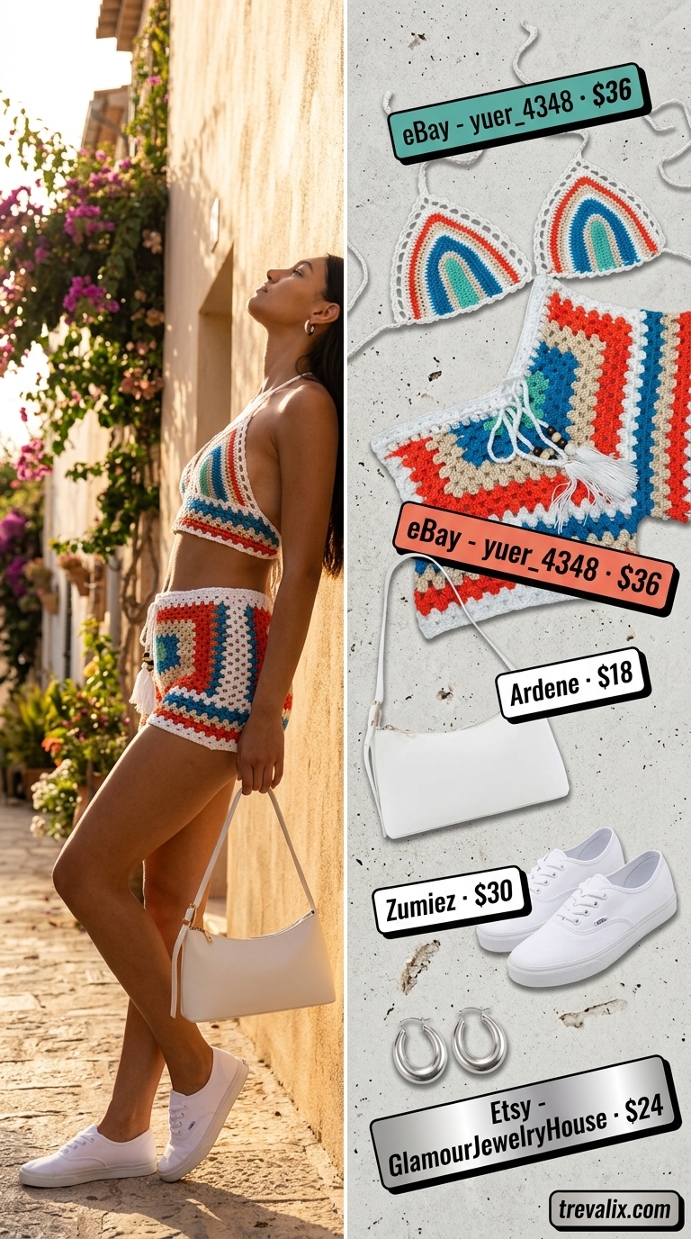 Chic Crochet Matching Set Outfits for Women 2026 Striped crochet matching set outfits for women 2026 for summer brunch. Pink, orange, yellow crop tank and wide-leg pants.