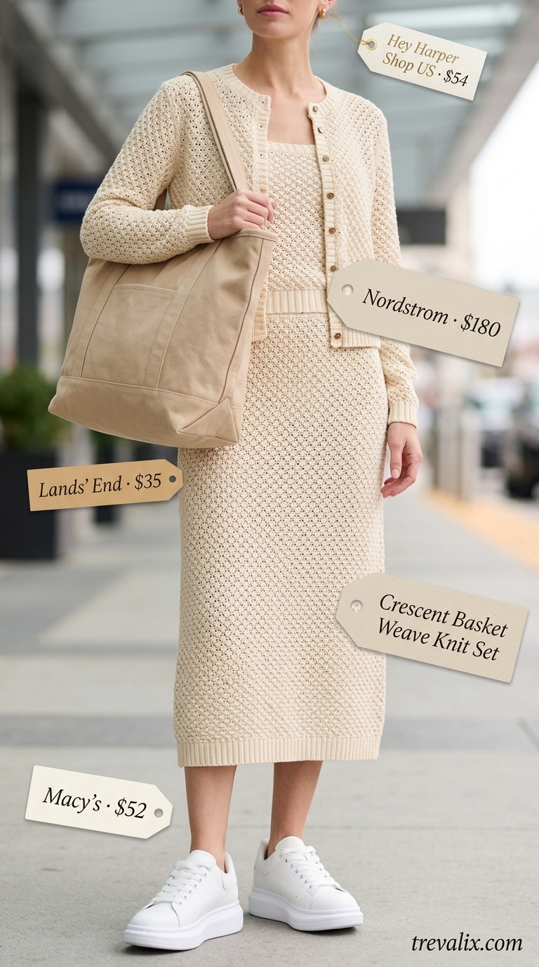 Travel Comfort Crochet Matching Set Outfits for Women 2026 Oatmeal crochet matching set outfits for women 2026 for travel days. Cardigan, tank top, and shorts.