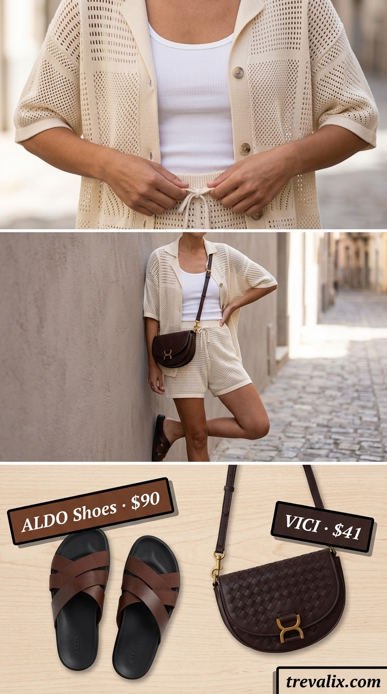 Effortless Crochet Matching Set Outfits for Women 2026 Taupe crochet matching set outfits for women 2026 for weekend markets. Oversized shirt and high-waisted shorts.