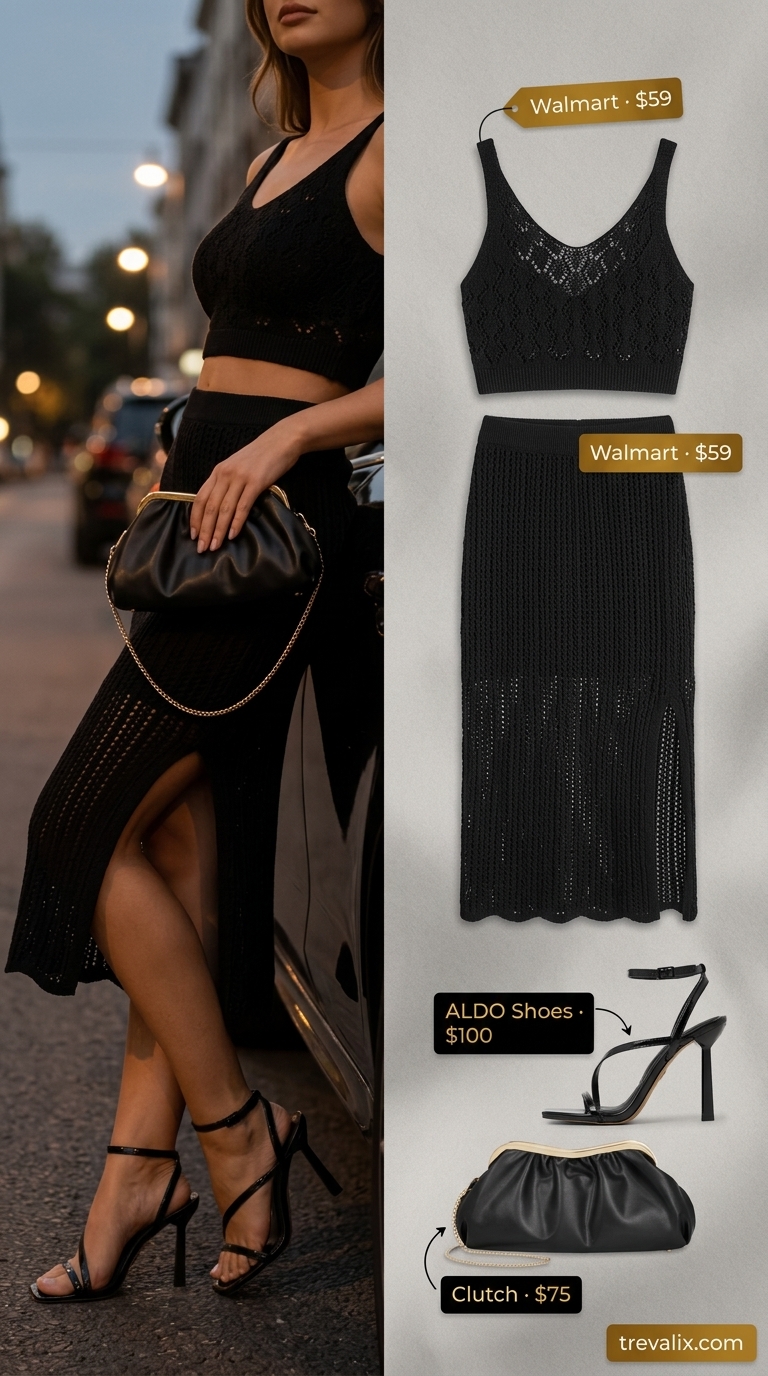 Sunset Dining Crochet Set 2026 Black crochet matching set for women, ideal for dinner date or summer evening event outfits 2026.