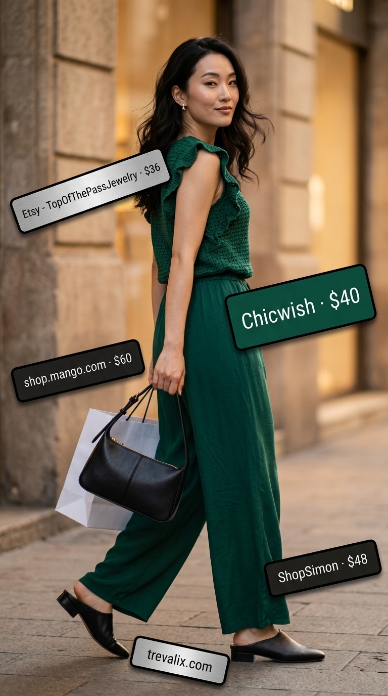 Urban Explorer Crochet Set 2026 Emerald green crochet matching set for women, perfect for city sightseeing or casual dinner outfits 2026.