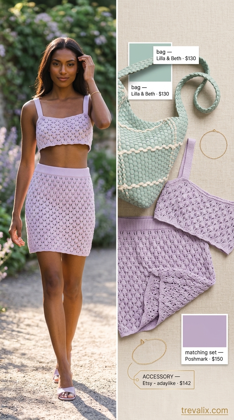 Lavender Garden Brunch Set 2026 Lavender and ivory crochet matching set for women, perfect for summer garden party or brunch outfits 2026.