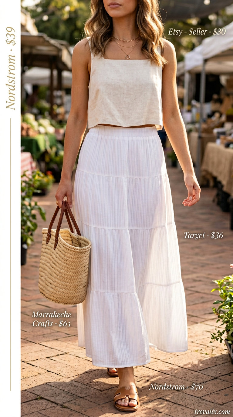 Linen crop top and white maxi skirt for breezy summer crop top with maxi skirt outfits 2026 beach days.