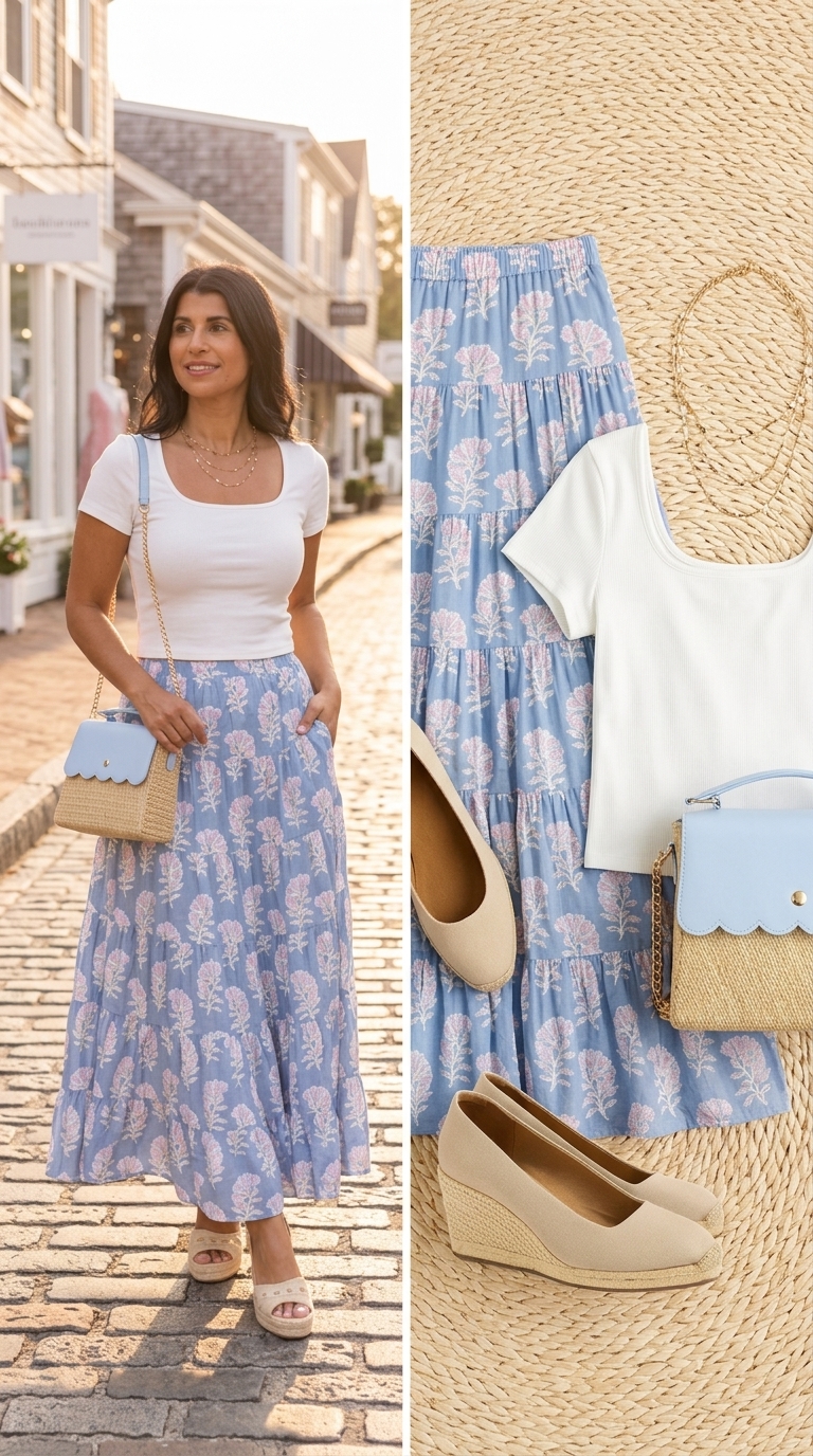 White knit crop top with floral maxi skirt for casual summer crop top with maxi skirt outfits 2026.