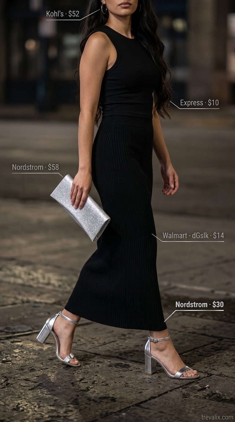 Monochrome black crop top and maxi skirt with silver heels for summer crop top with maxi skirt outfits 2026.