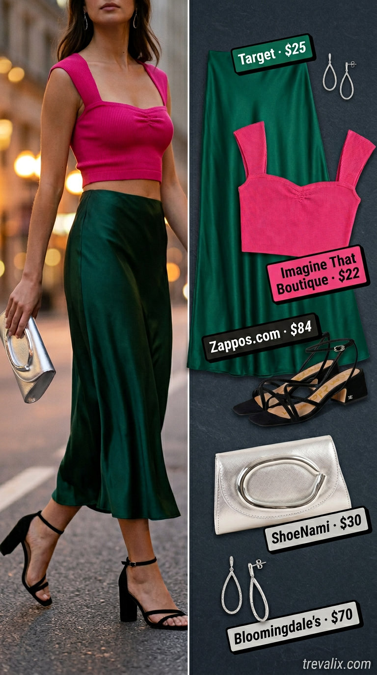 Emerald green satin maxi skirt with black crop top for elegant summer crop top with maxi skirt outfits 2026.