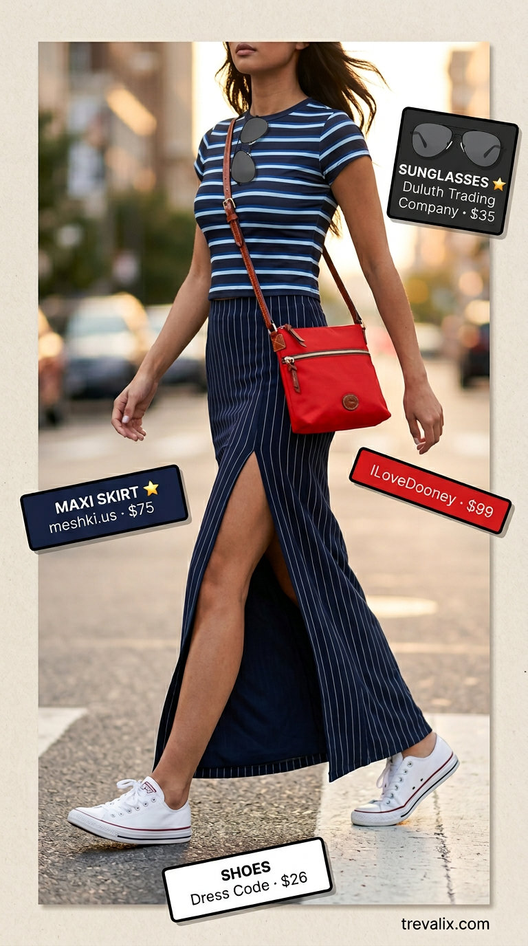 Navy and white striped crop top with maxi skirt for sporty summer crop top with maxi skirt outfits 2026.