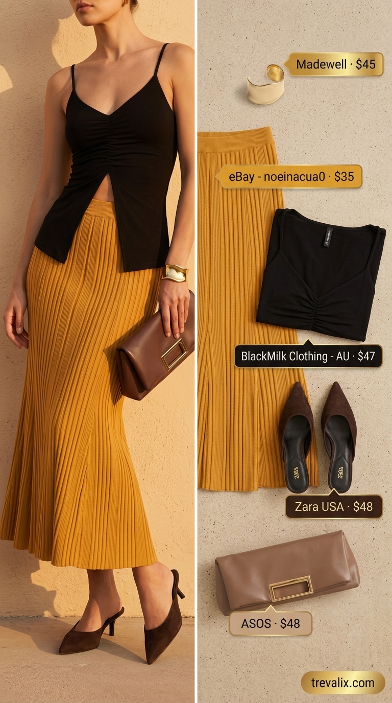 Golden yellow ribbed crop top with high-slit maxi skirt, perfect for summer crop top with maxi skirt outfits 2026 date nights.