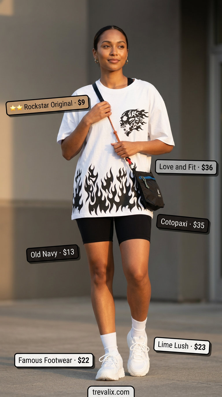 Sporty black biker shorts with white graphic tee crop top & sneakers. Summer crop top with maxi skirt outfits 2026.