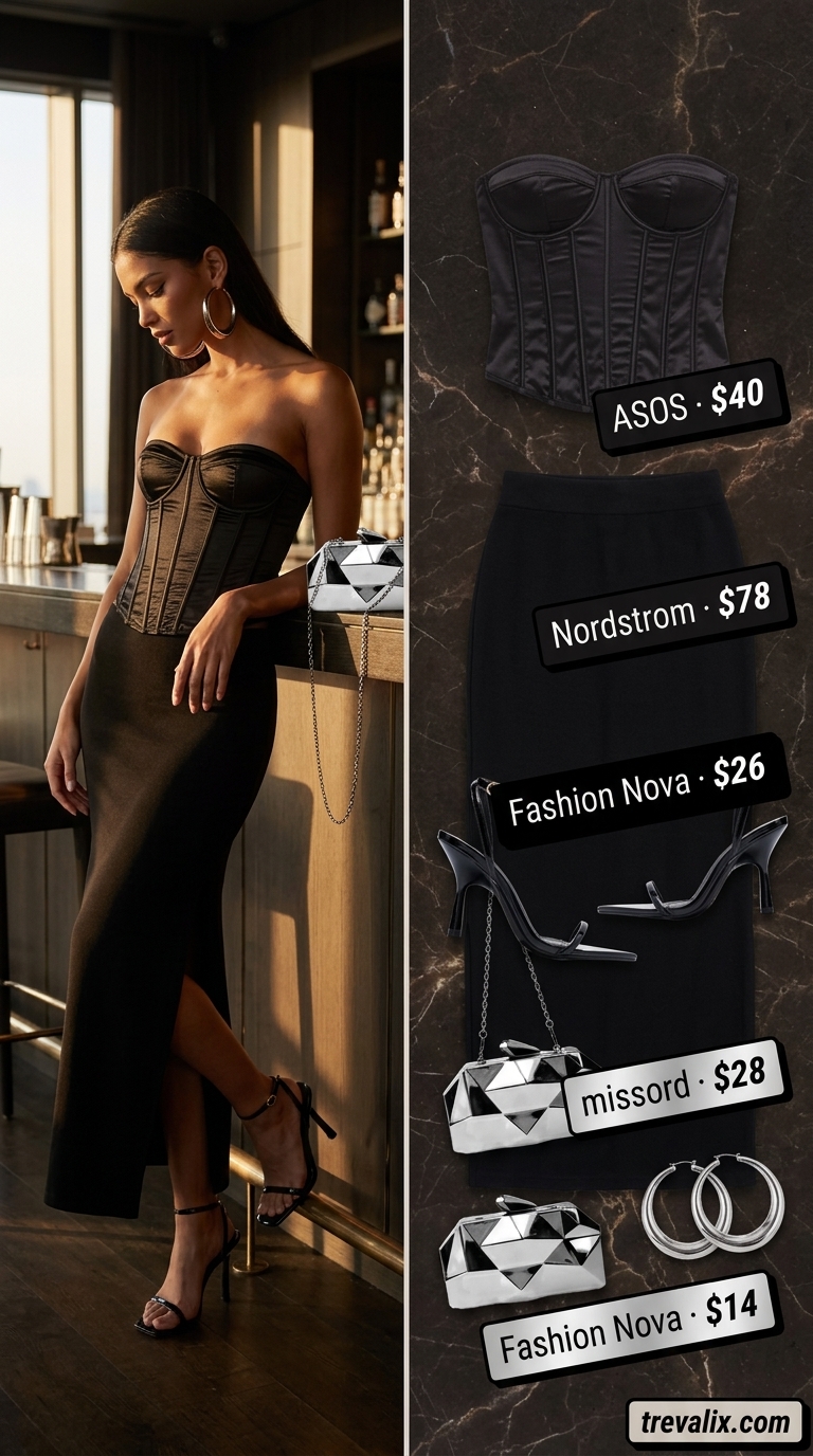 Summer crop top with maxi skirt outfits 2026: Black maxi skirt, corset crop top, silver accessories.