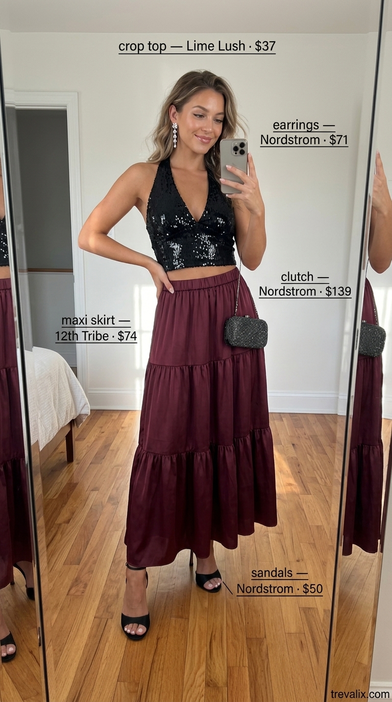 Summer crop top with maxi skirt outfits 2026: Burgundy satin skirt, sequin halter crop top, black heels.