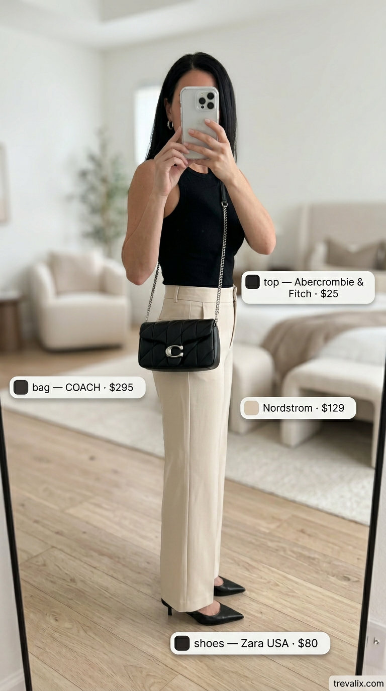 Chic beige trousers with black crop top, silver bag & heels for city exploration. Summer crop top with maxi skirt outfits 2026.