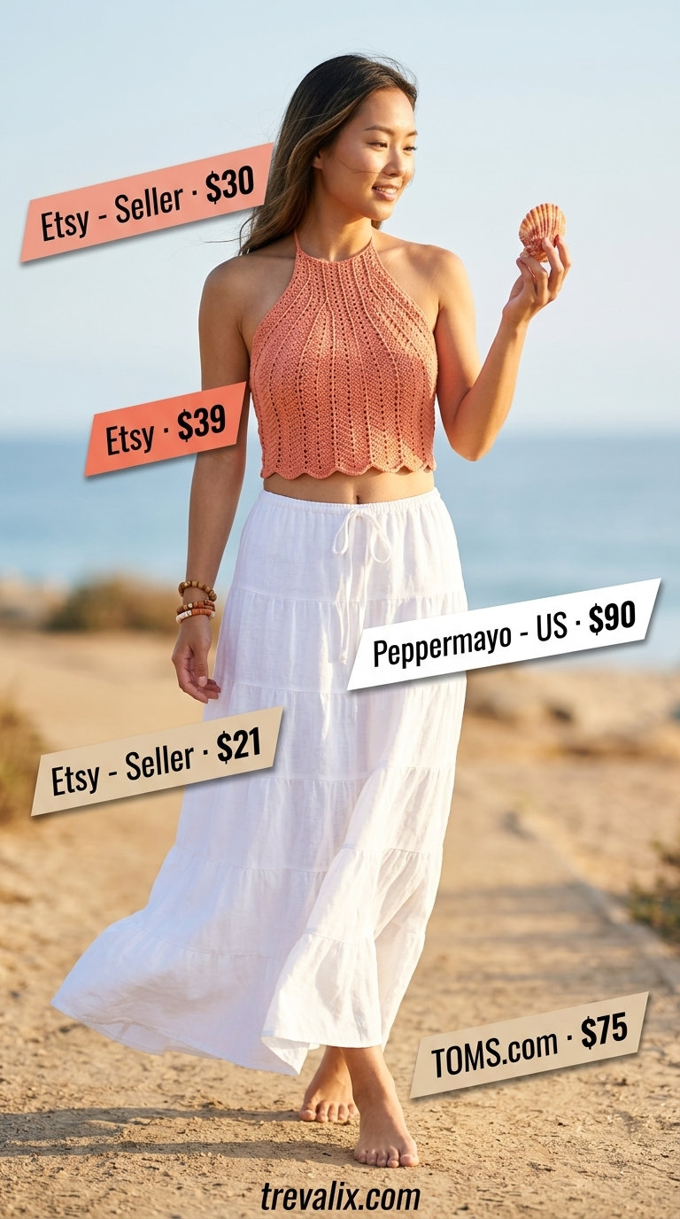 Bohemian white linen maxi skirt with coral crochet crop top, straw bag. Summer crop top with maxi skirt outfits 2026.