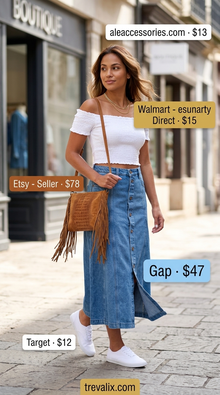 Casual light blue denim maxi skirt with white off-shoulder crop top & tan bag. Summer crop top with maxi skirt outfits 2026.