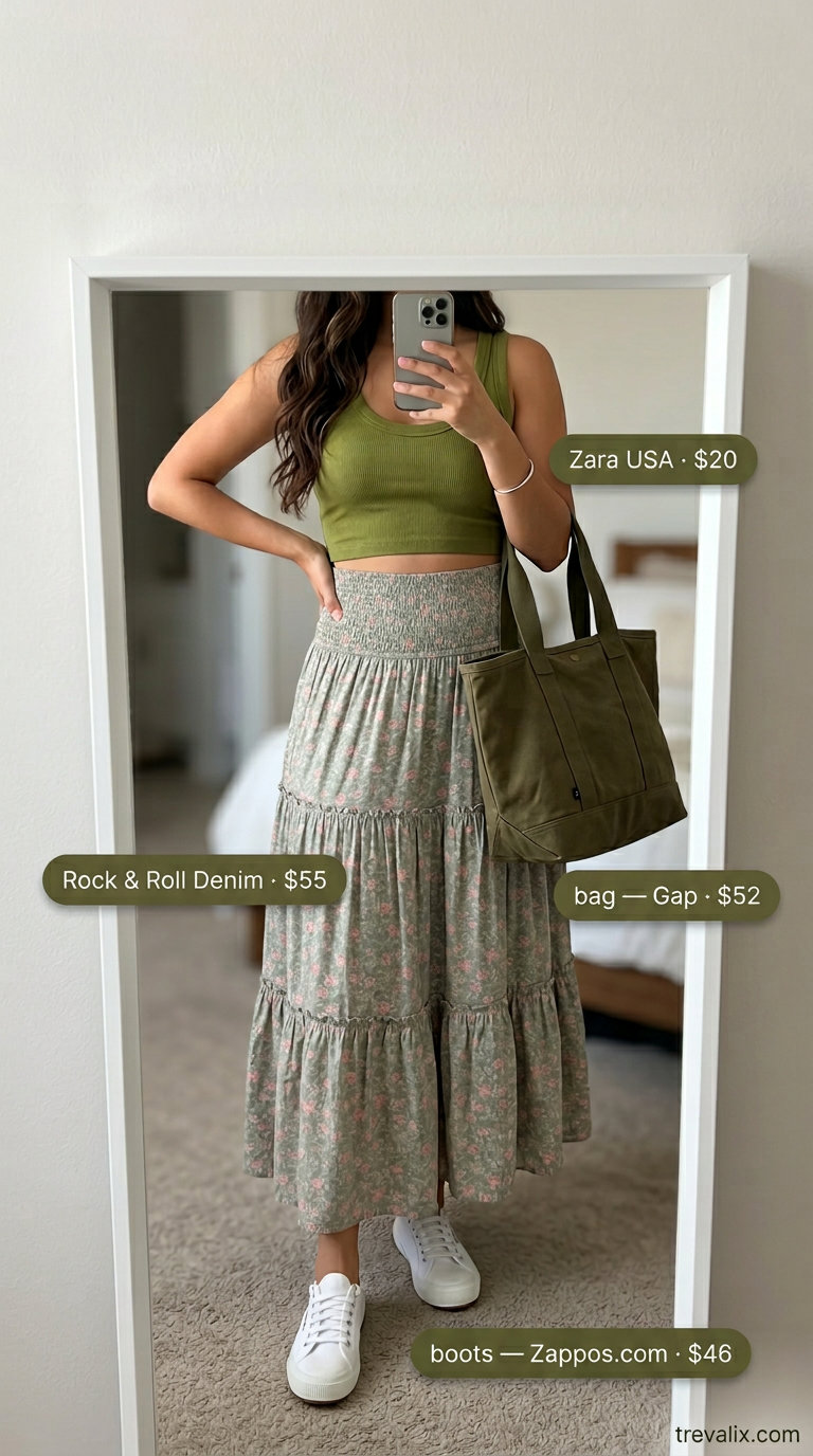 Summer crop top with maxi skirt outfits 2026: Olive green crop top, floral maxi skirt, white sneakers, tote bag.