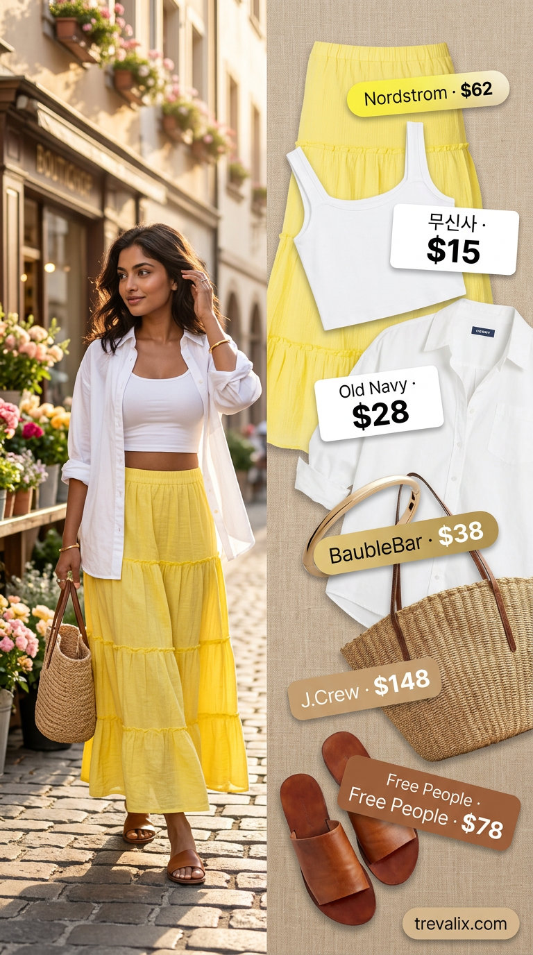 Summer crop top with maxi skirt outfits 2026: Lemon yellow skirt, white shirt, tan sandals, straw bag.