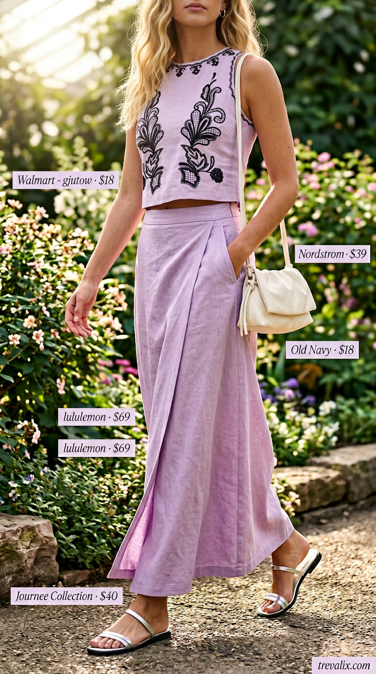 Summer crop top with maxi skirt outfits 2026: Lilac matching set, white crossbody bag, silver sandals.