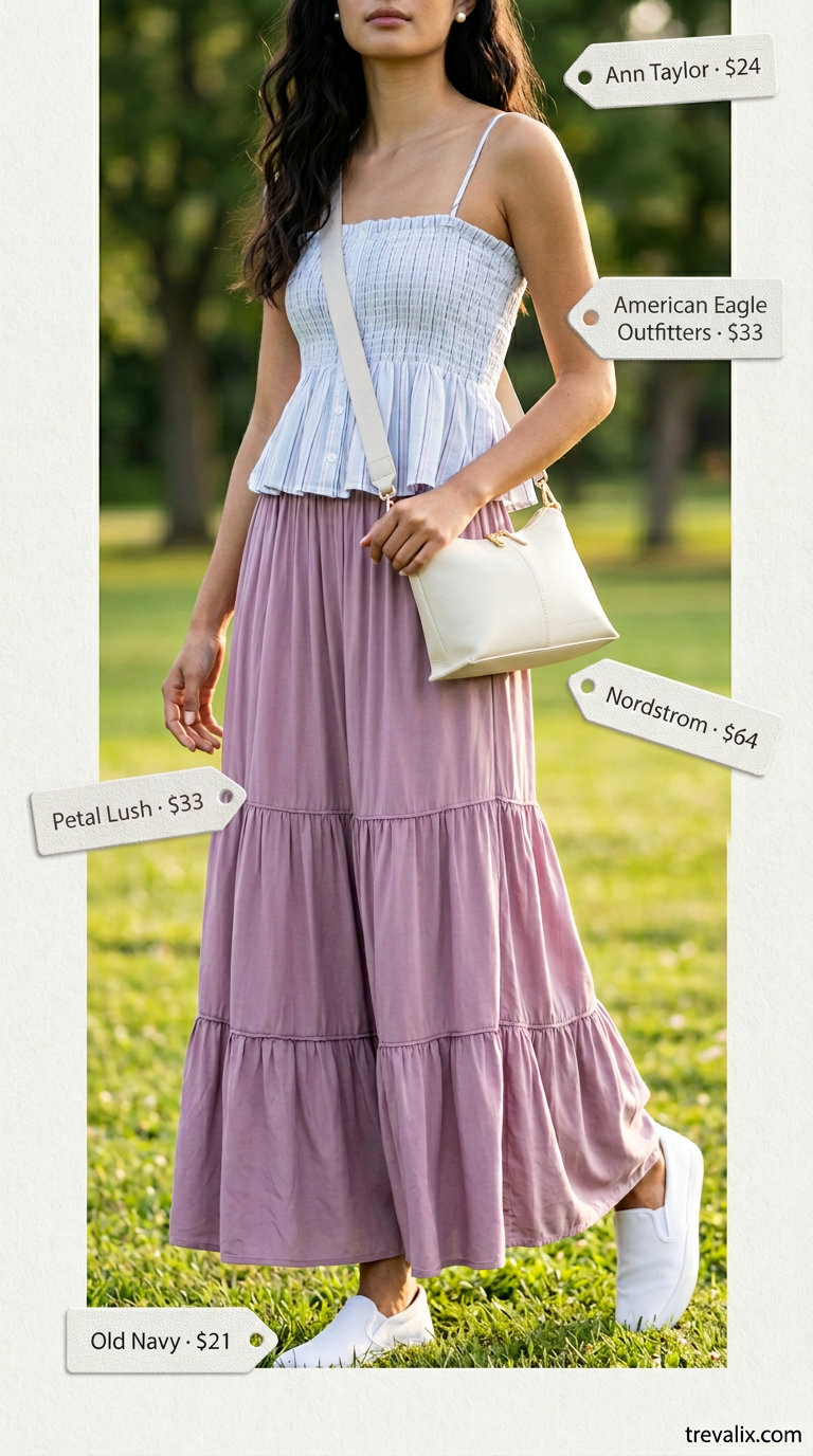 Summer crop top with maxi skirt outfits 2026: Lilac skirt, pastel blue tube top, white sneakers.