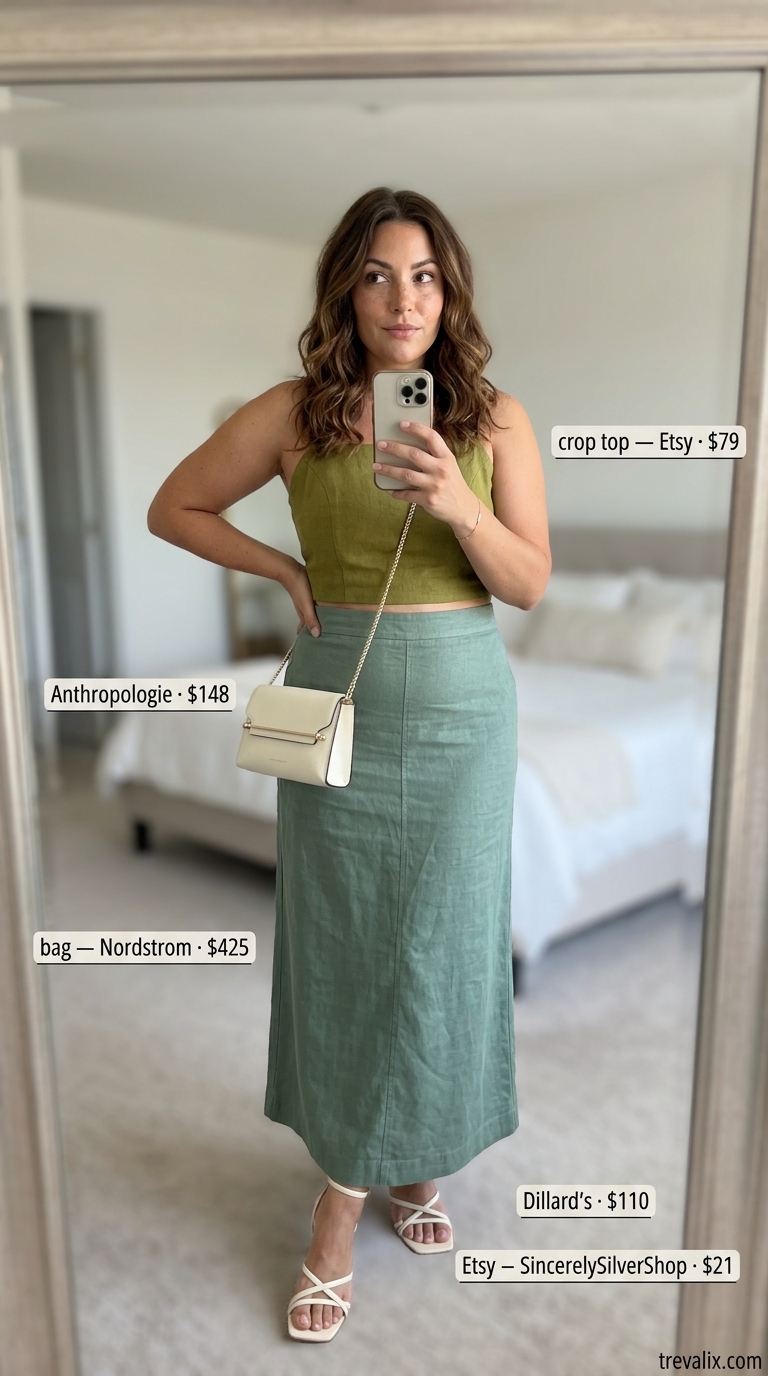 Sophisticated sage green linen maxi skirt and crop top with nude heels. Summer crop top with maxi skirt outfits 2026.