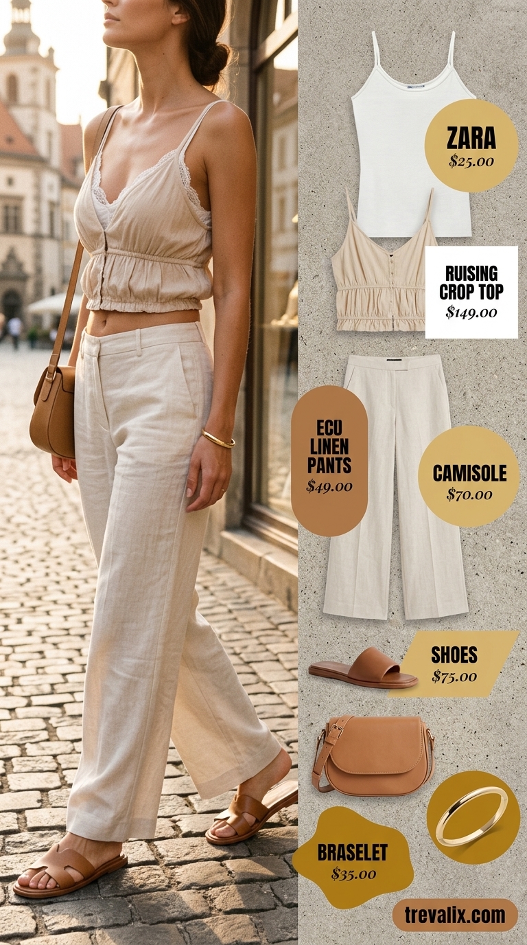 Effortless beige linen pants with white crop tank, tan slides & bag. Summer crop top with maxi skirt outfits 2026.