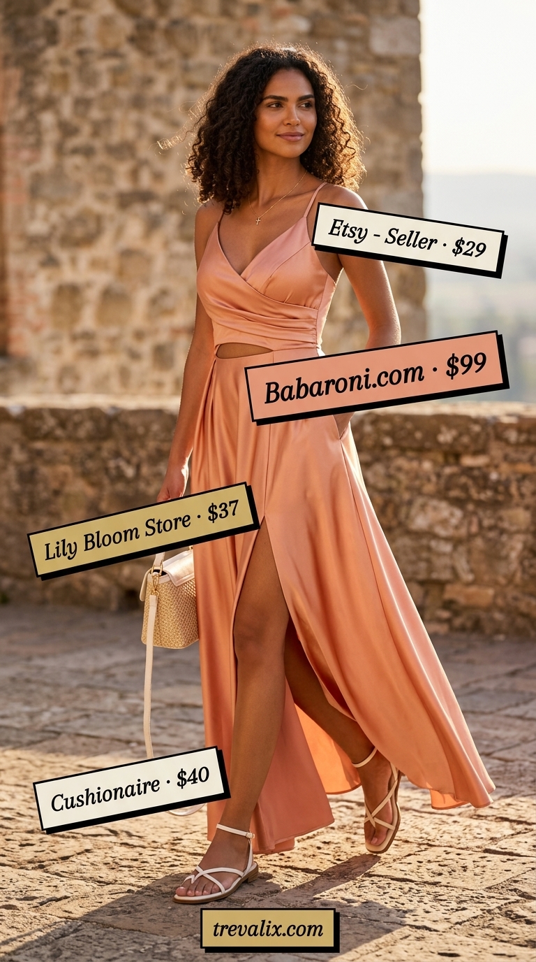 Romantic sunset orange maxi dress with gold necklace & straw bag for summer evenings. Summer crop top with maxi skirt outfits 2026.