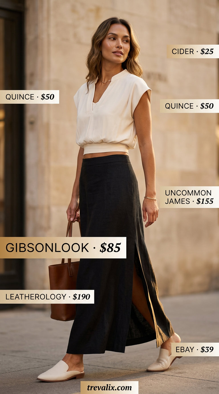 Polished olive green linen set with cream camisole, mules & tote. Summer crop top with maxi skirt outfits 2026.