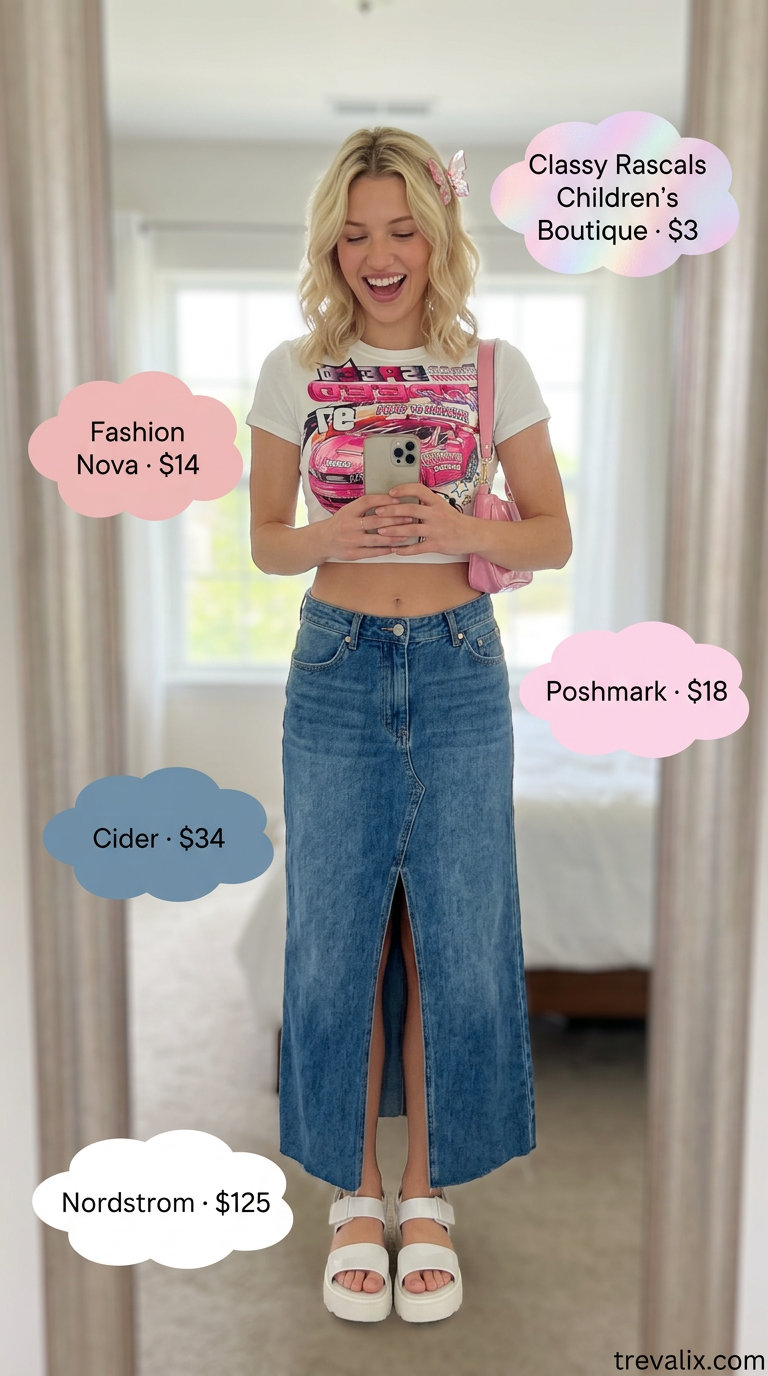 Edgy denim maxi skirt with white graphic crop top, pink bag & platform sandals. Summer crop top with maxi skirt outfits 2026.