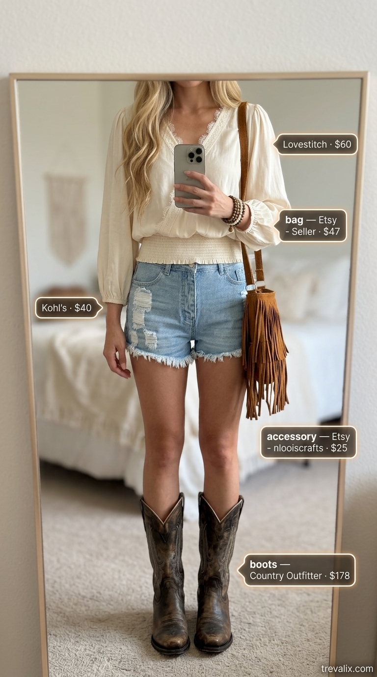 Boho festival outfit with an ecru eyelet peasant blouse, distressed denim shorts, and brown cowboy boots.