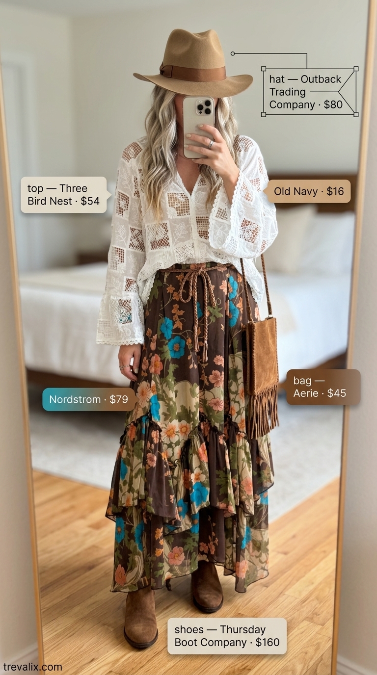 Boho Festival eyelet top outfit 2026: Cream peasant blouse, tiered skirt, fringe bag for music festivals.