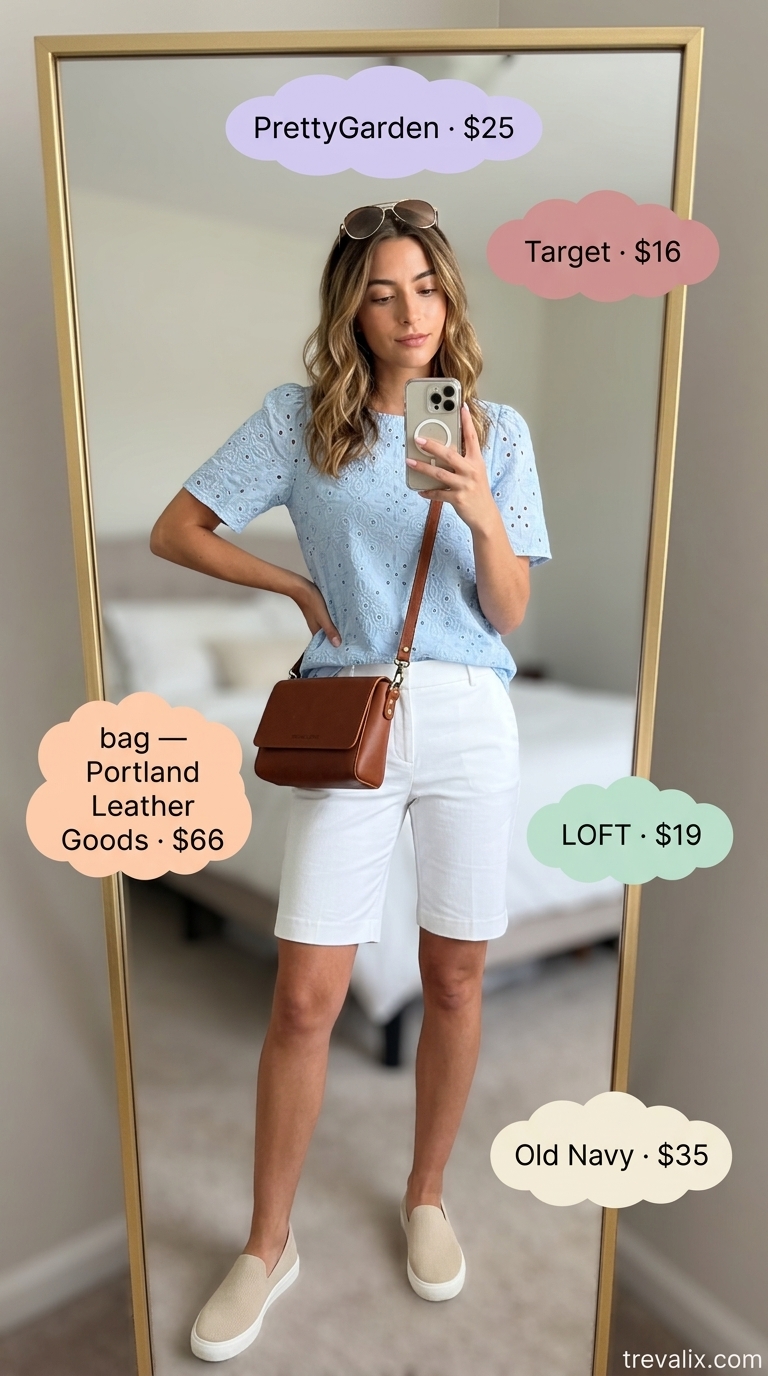 Casual Cool summer eyelet tops outfit 2026: Light blue eyelet top, white shorts, beige sneakers for errands.