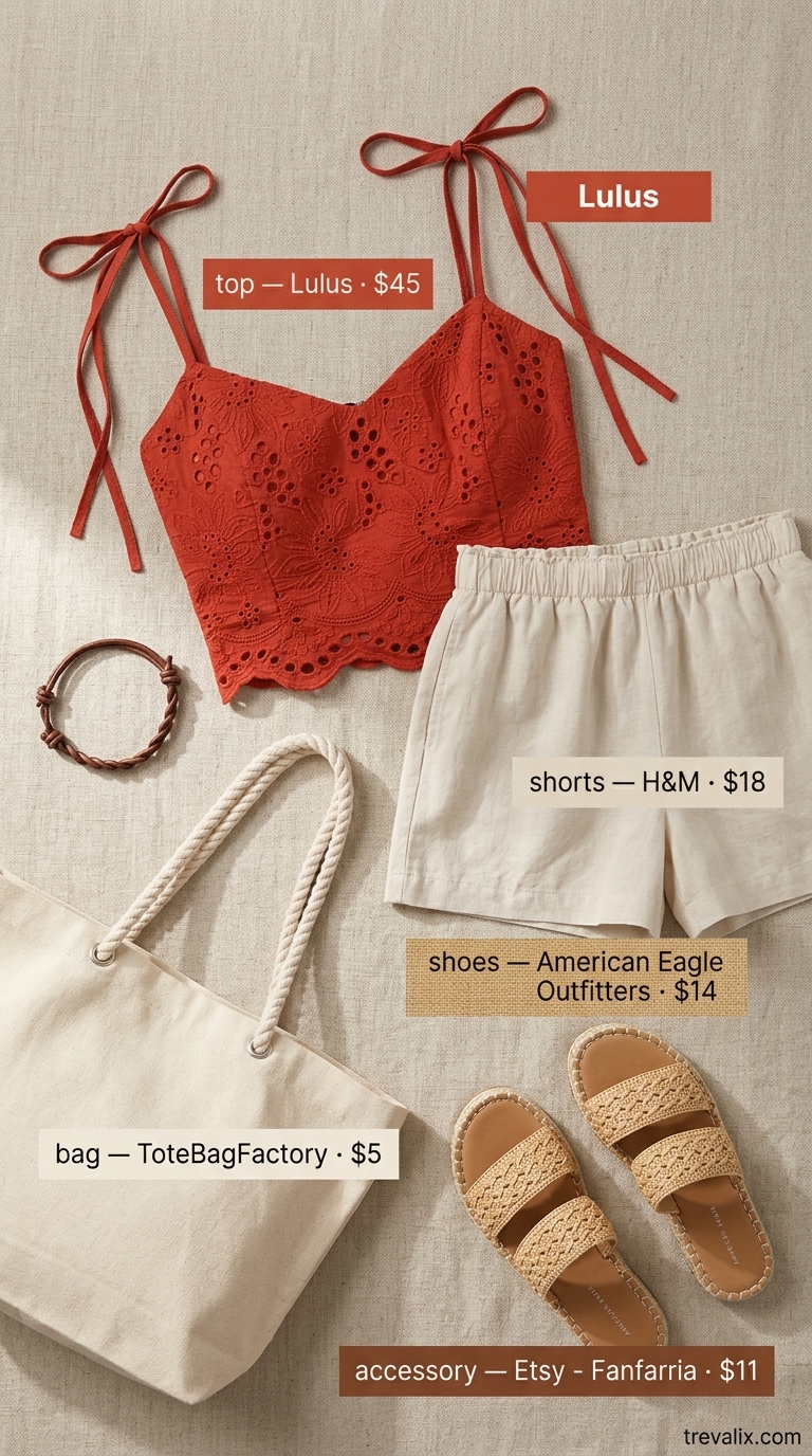 Casual cool outfit with a terracotta sleeveless eyelet tank top, beige linen shorts, and espadrille slides.