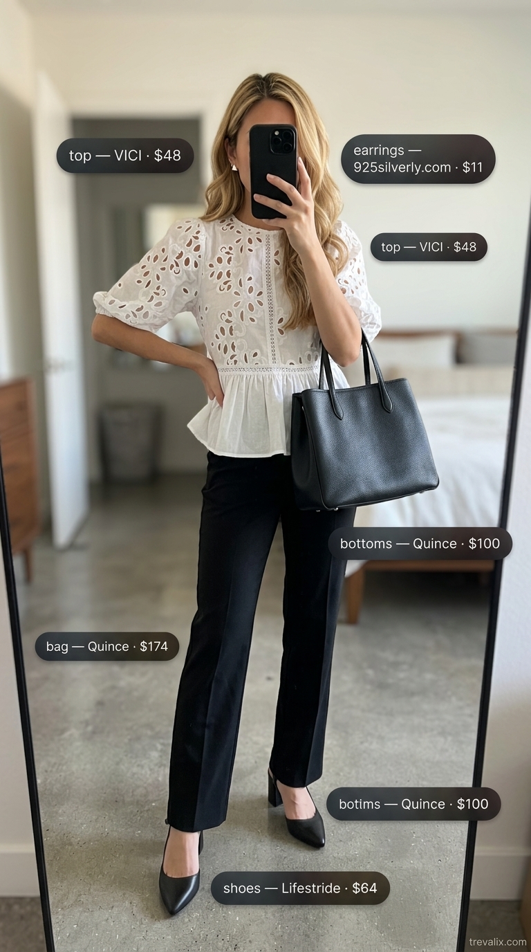 Chic city outfit with a white eyelet peplum top, black tailored trousers, and black block heels for smart casual office.