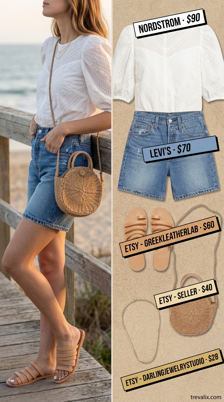 Coastal Breeze summer eyelet tops outfit 2026: White eyelet puff sleeve top, denim shorts, straw bag for beach.