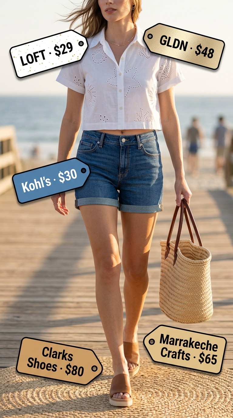 Coastal Breeze summer eyelet tops outfit 2026: White eyelet top, denim shorts, tan sandals for beach day.