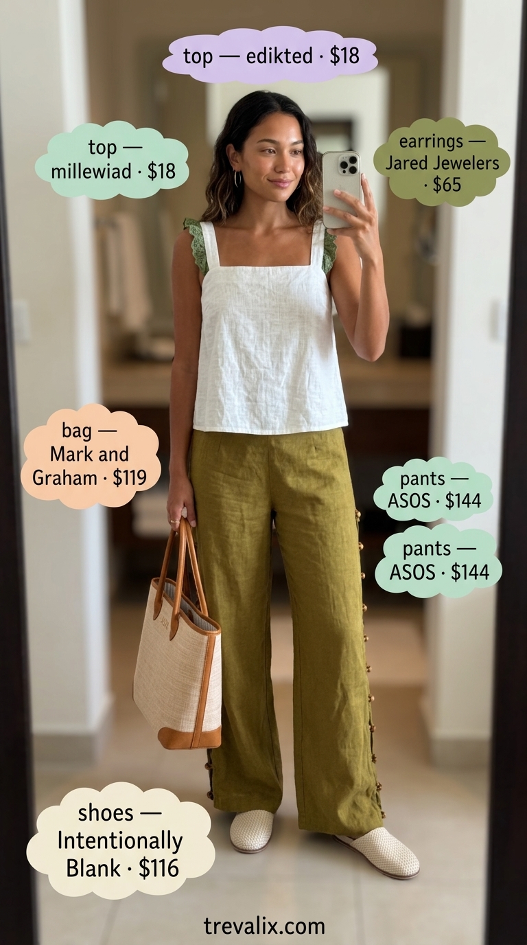 Coastal vacation outfit with an olive green eyelet linen top and matching wide-leg pants, perfect for resort wear.
