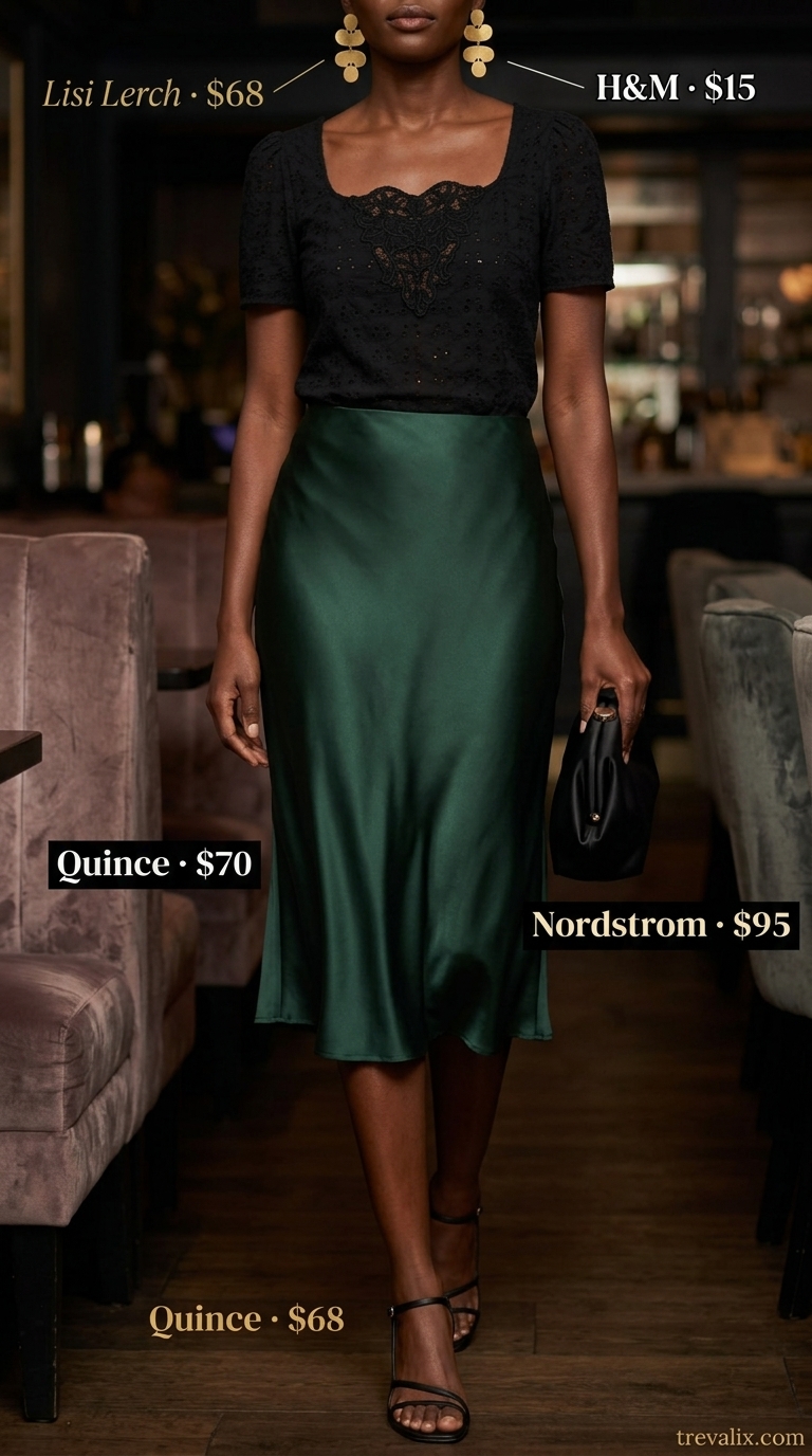 Date Night summer eyelet tops outfit 2026: Black eyelet blouse, emerald skirt, black heels for evening.