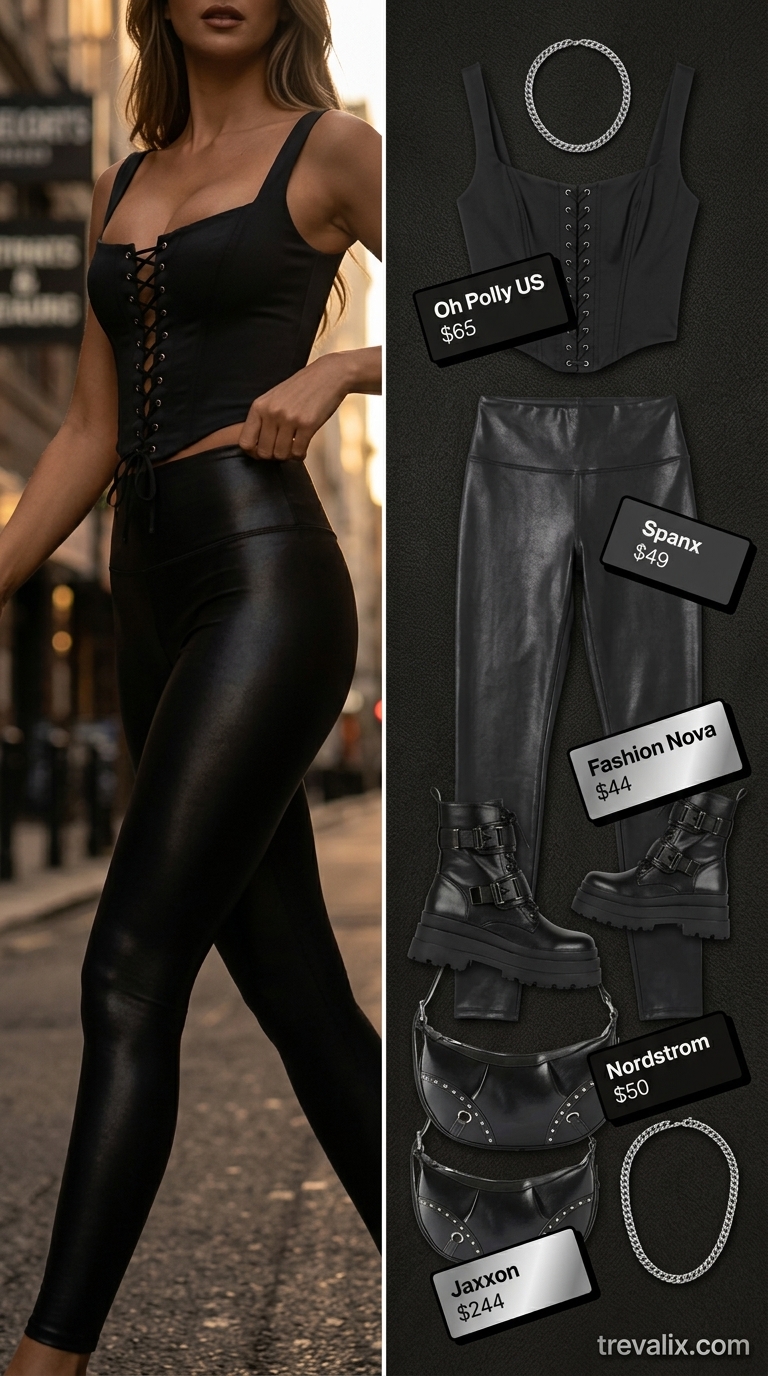 Edgy night out outfit featuring a black eyelet bustier top, faux leather leggings, and platform combat boots.