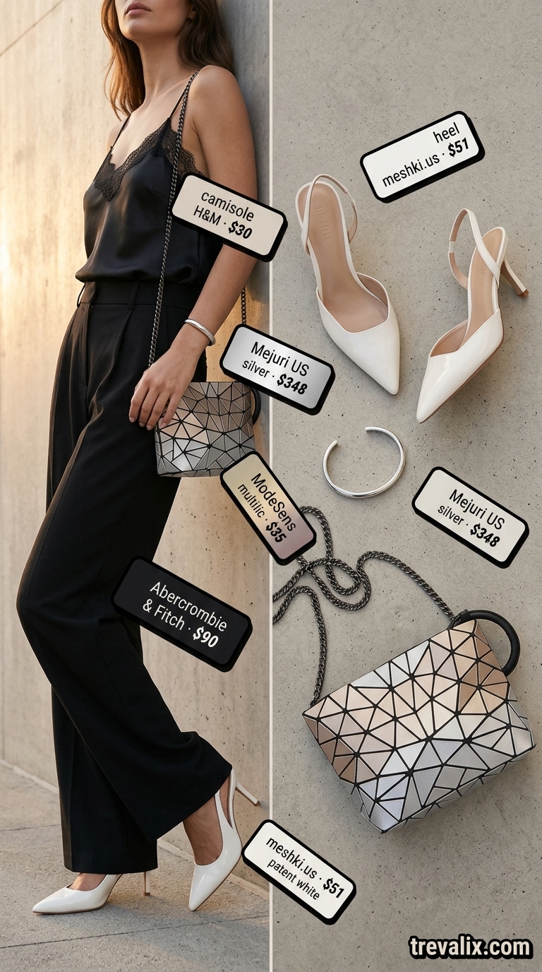 Modern Minimalist eyelet top outfit 2026: Black trousers, white slingbacks, satin camisole for dinner.