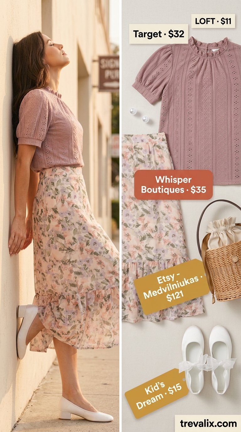 Picnic Perfect eyelet top outfit 2026: Blush pink blouse, floral midi skirt, wicker bag for a daytime date.