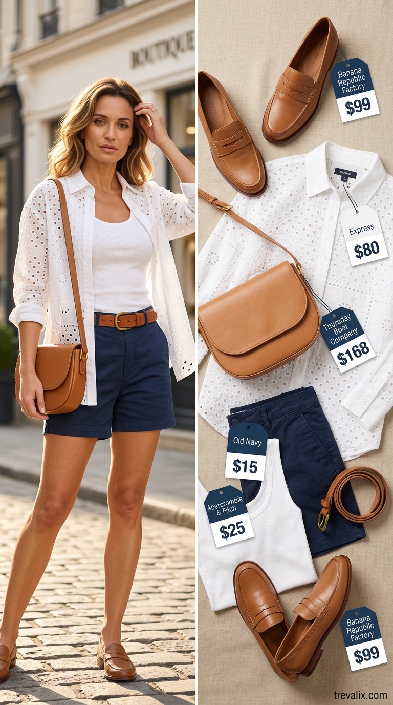 Preppy summer outfit with an oversized white eyelet button-down, navy chino shorts, and tan penny loafers.