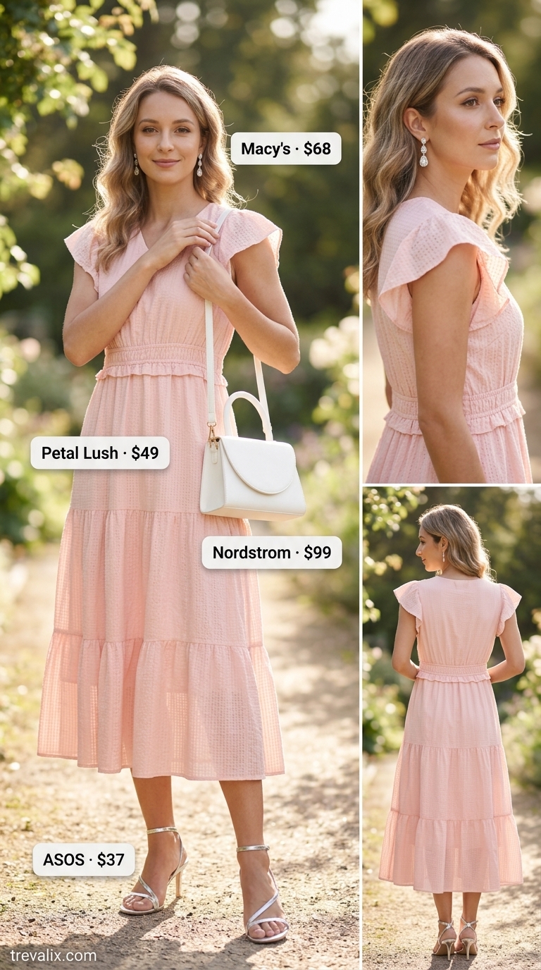 Romantic blush pink eyelet midi dress with flutter sleeves, perfect for summer weddings or date nights.