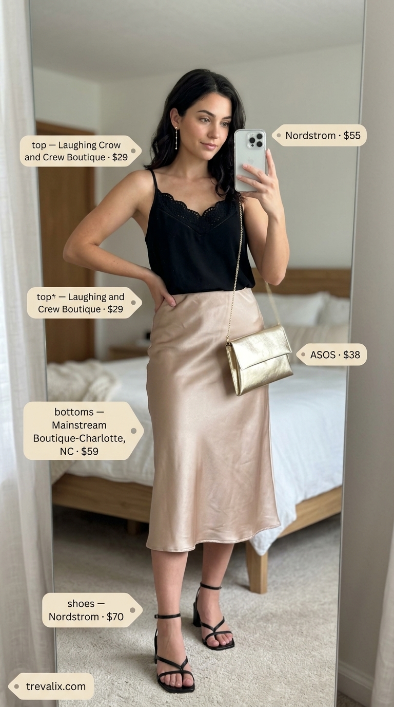 Romantic Evening summer eyelet tops outfit 2026: Black eyelet cami, champagne satin skirt, gold heels for date night.