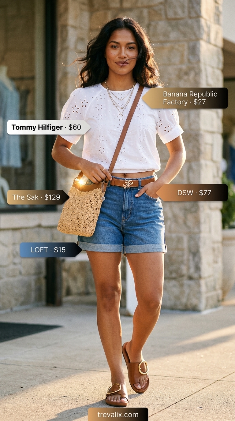 Seaside breeze outfit with a white eyelet puff-sleeve top, denim shorts, and flat leather slide sandals.