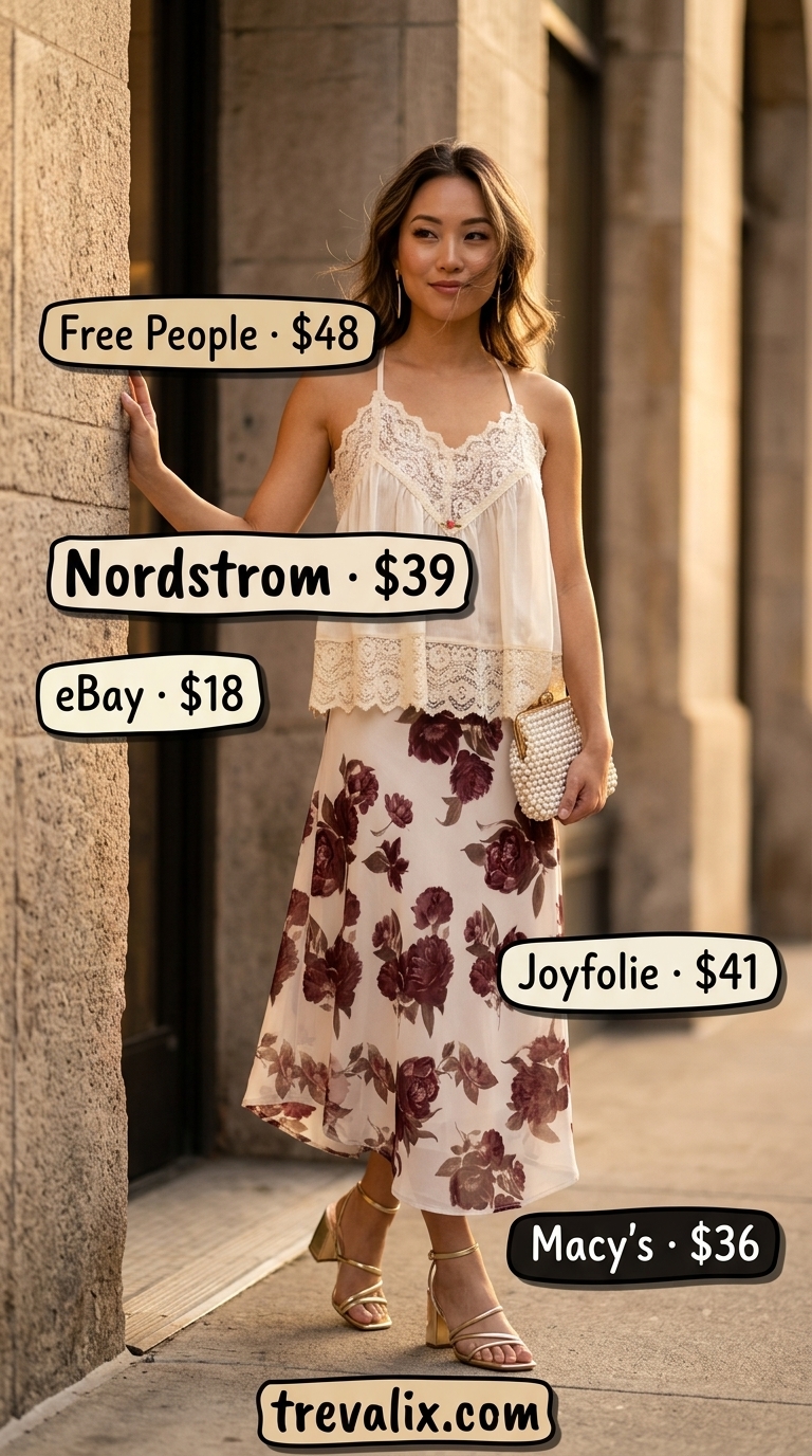 Summer Evening eyelet top outfit 2026: Cream camisole, floral midi skirt, and gold heels for date night.