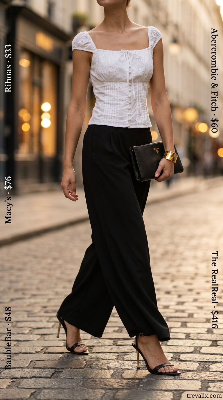 Sunset City Chic eyelet top outfit 2026: Cream crop top, black palazzo pants, gold heels for evening events.