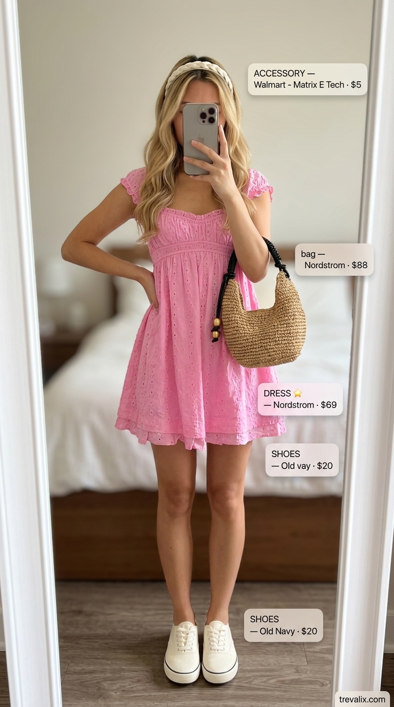 Sweet Summer Sundress outfit 2026: Blush pink eyelet mini dress with sneakers for a day out.
